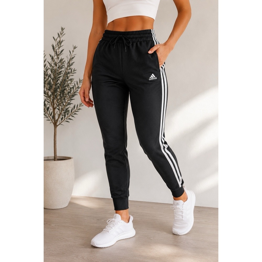 Adidas Women's XS Black Jogger Sweatpants White 3 Stripe Drawstring‎ Athletic